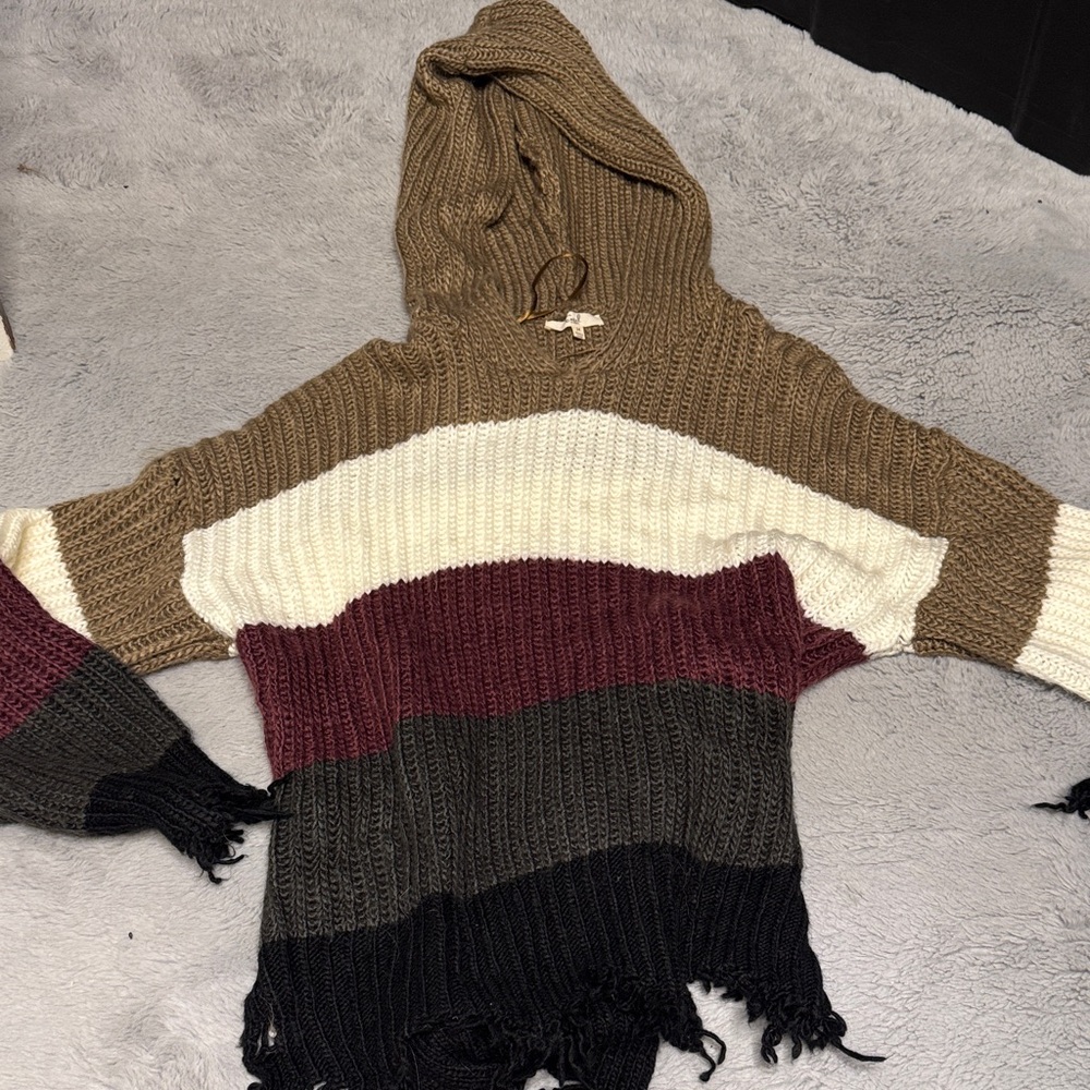 Striped Hoodie Sweater in Brown, Cream, Burgundy, and Black